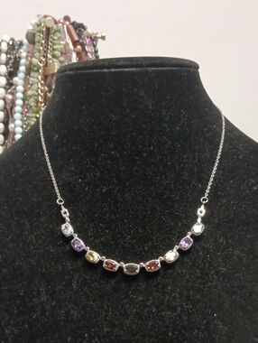 Silver Multi-Gemstone Station Necklace - Colorful Pendant Bar